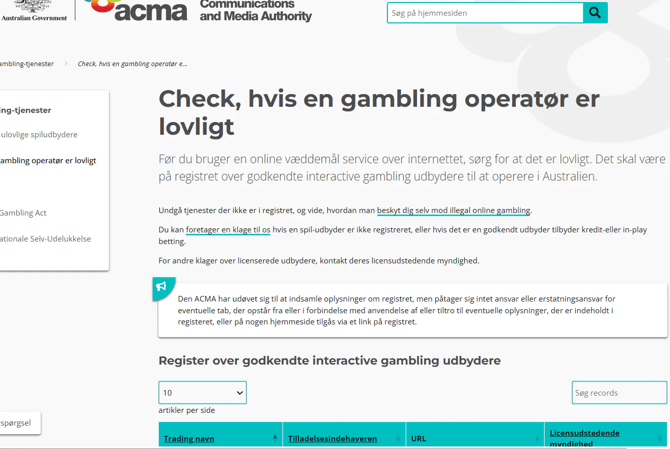 ACMA page for checking whether a gambling operator is legal in Australia